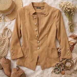 Tan Military Button Blazer Women’s L Structured Camel Jacket Classiccore